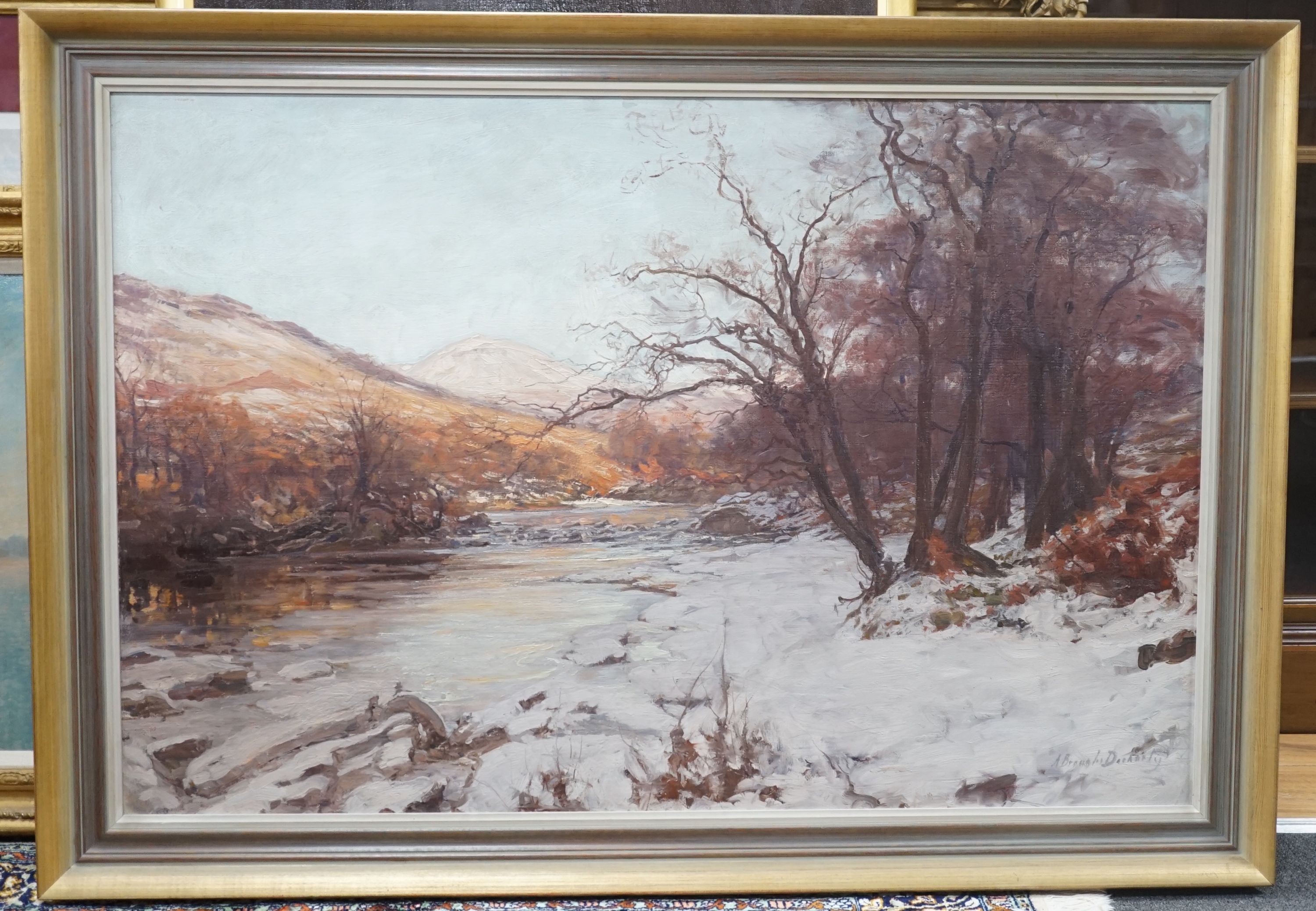 Alexander Brownlie Docharty (1862-1940) oil on canvas, winter river scene, signed, 71.5 cm X 107cm